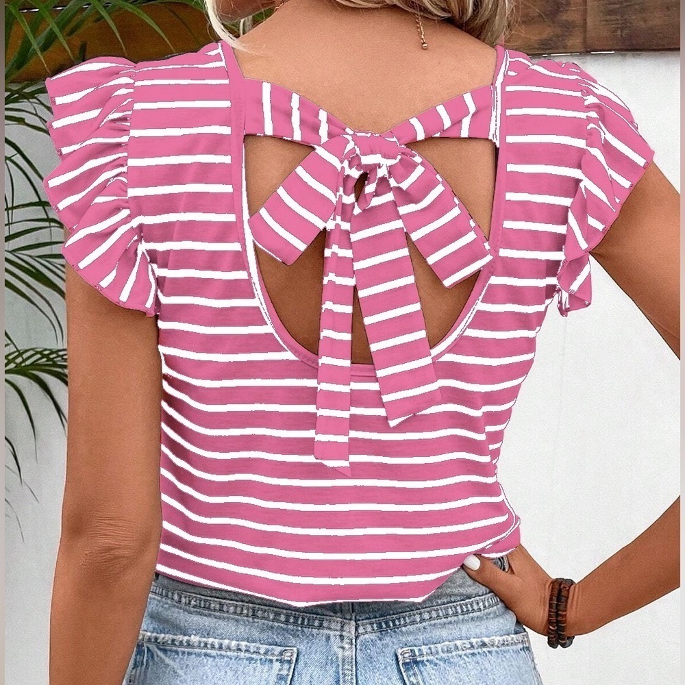 Pink Striped Ruffle Sleeve Top - Picture 2 of 4
